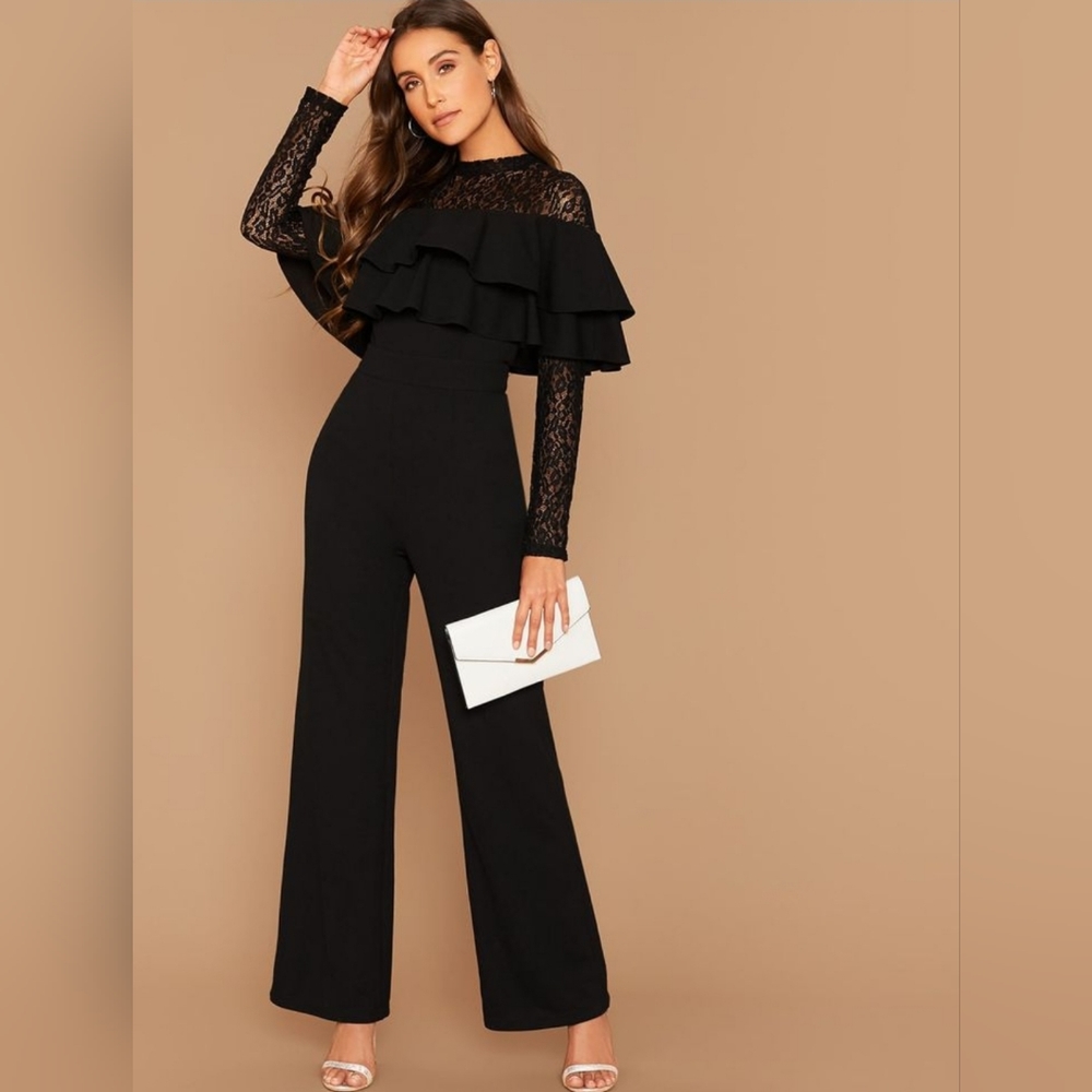Women Party Wear Black Lace Wide Leg Jumpsuit formal